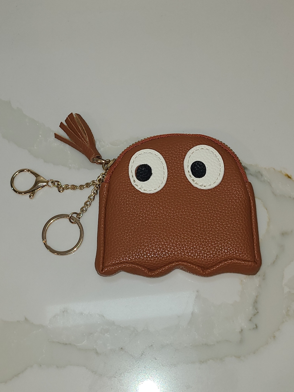 Brown Leather Ghost Coin Pouch with Eyes Keychain Unbranded